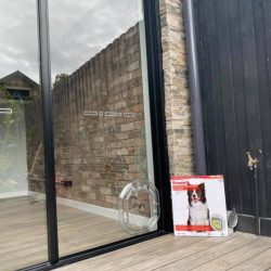 Dog door installed in glass sliding door
